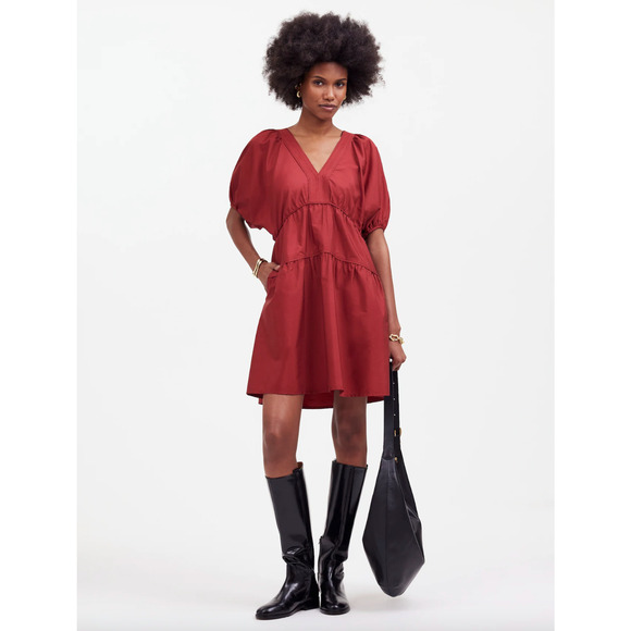 Madewell Puff Sleeve Mini Dress Poplin Claret Burgundy A Line Pockets Large NWT - Picture 1 of 15